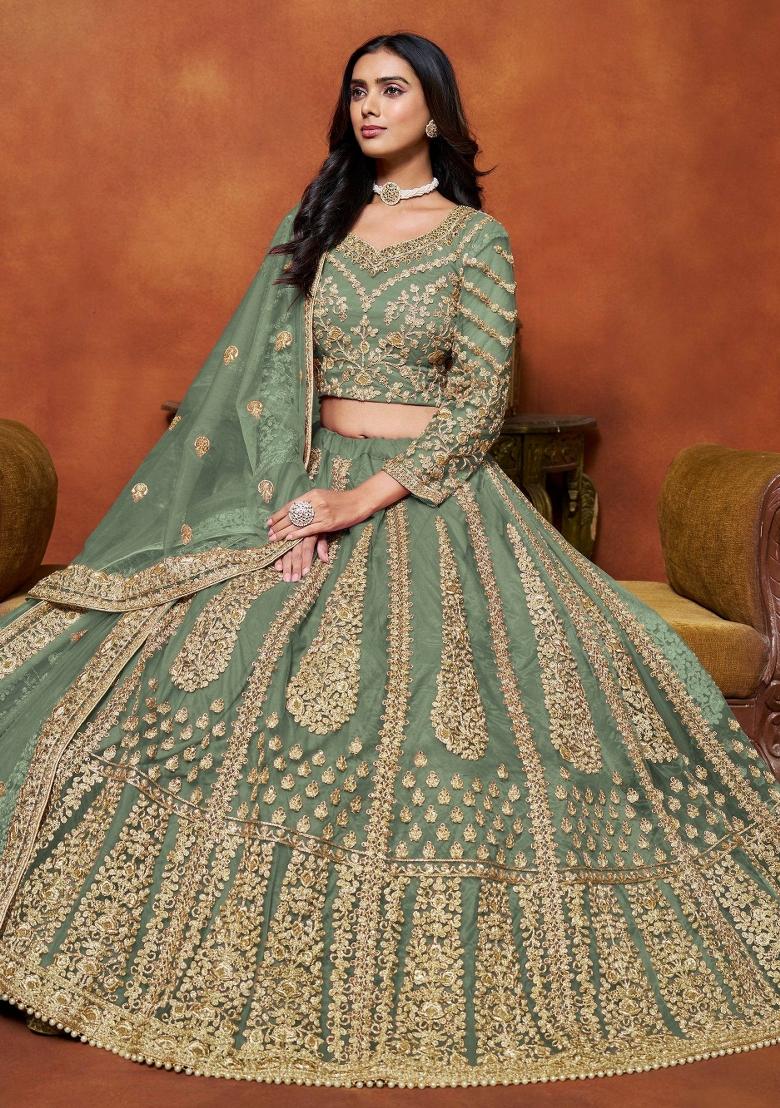 Green Zari Work Net Lehenga Set - Indya