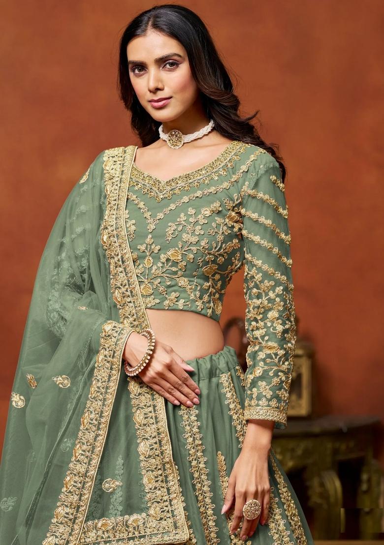 Green Zari Work Net Lehenga Set - Indya