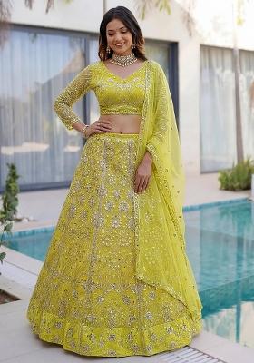 Yellow Sequin Work Net Lehenga Set