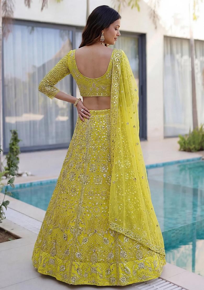 Yellow Sequin Work Net Lehenga Set - Indya