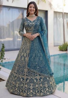 Blue Sequin Work Net Lehenga Set