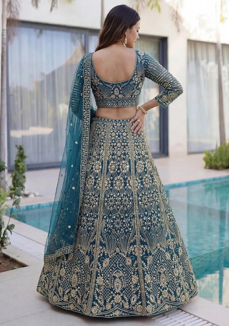 Blue Sequin Work Net Lehenga Set - Indya