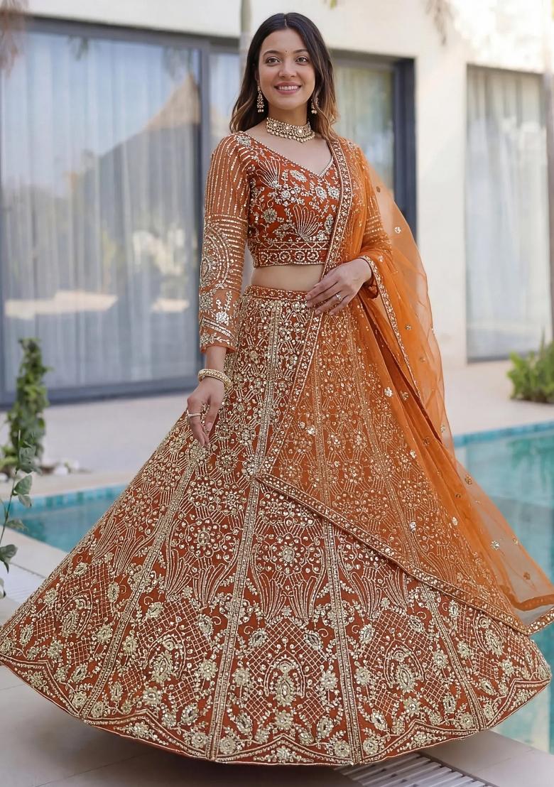 Orange Sequin Work Net Lehenga Set - Indya