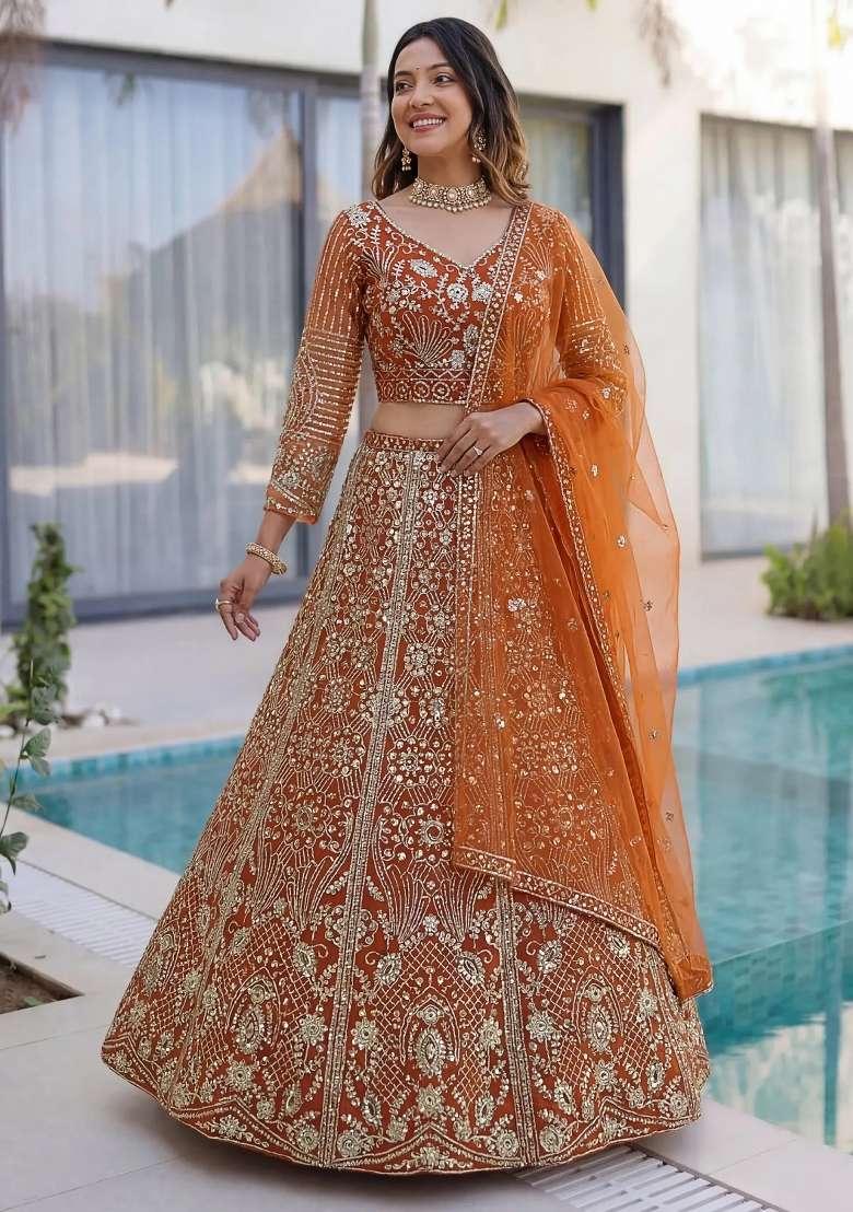Orange Work Net Lehenga Set with Sequin for Diwali | Wedding & Festive Wear - Indya