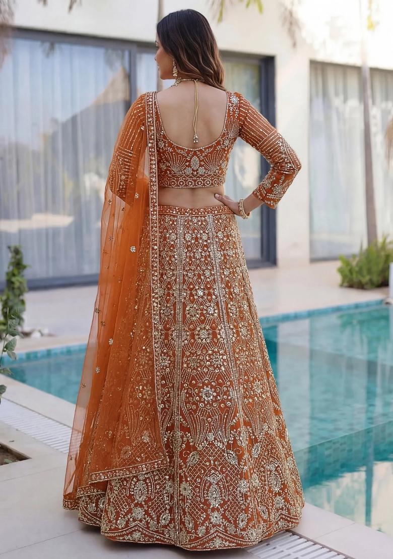 Orange Sequin Work Net Lehenga Set - Indya