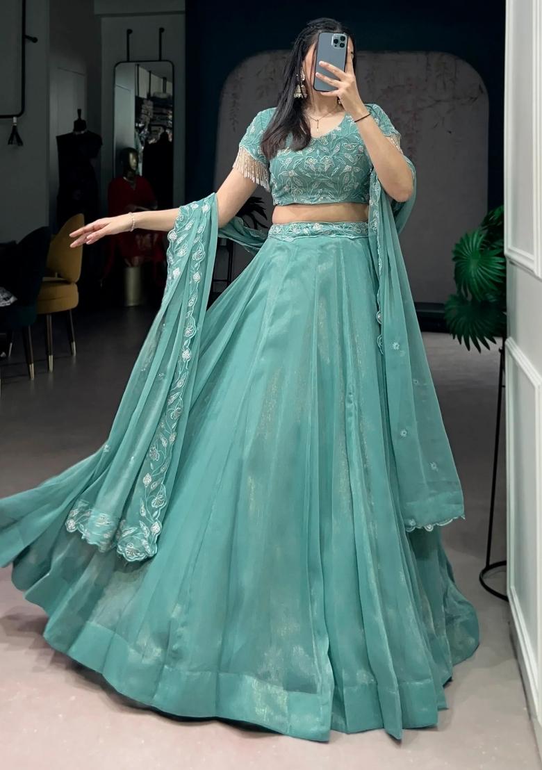 Green Embroidered Organza Lehenga Set - Indya