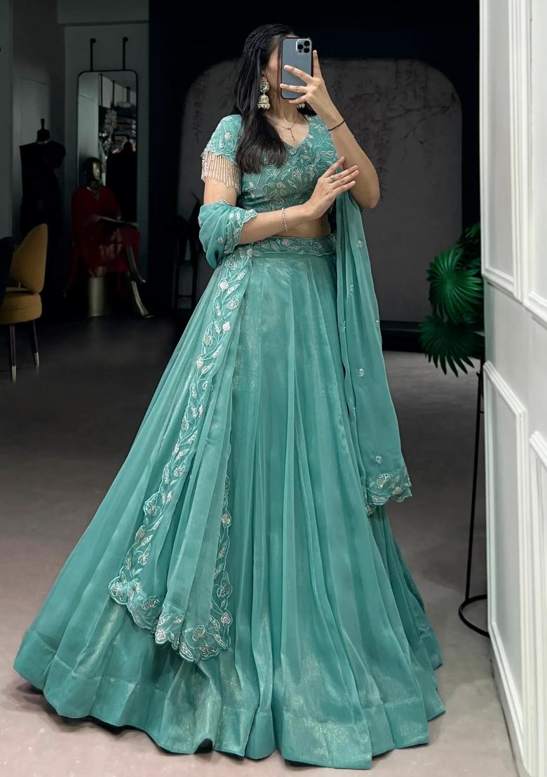 Green Embroidered Organza Lehenga Set - Indya