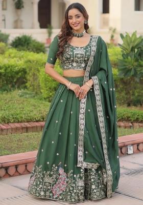 Green Floral Print Silk Lehenga Set