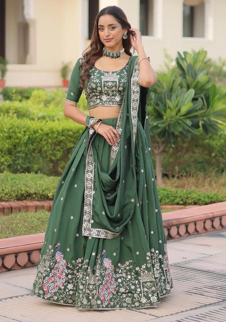 Green Floral Print Silk Lehenga Set - Indya