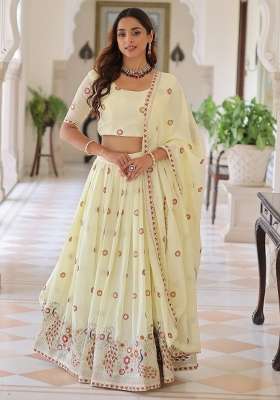 Cream Silk Lehenga Set with Embroidered for Diwali | Wedding & Festive Wear