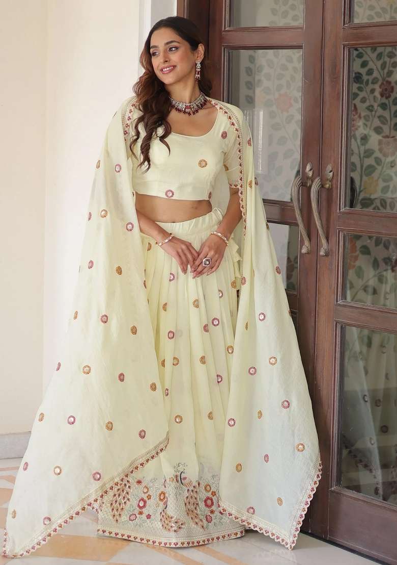 Cream Embroidered Silk Lehenga Set - Indya
