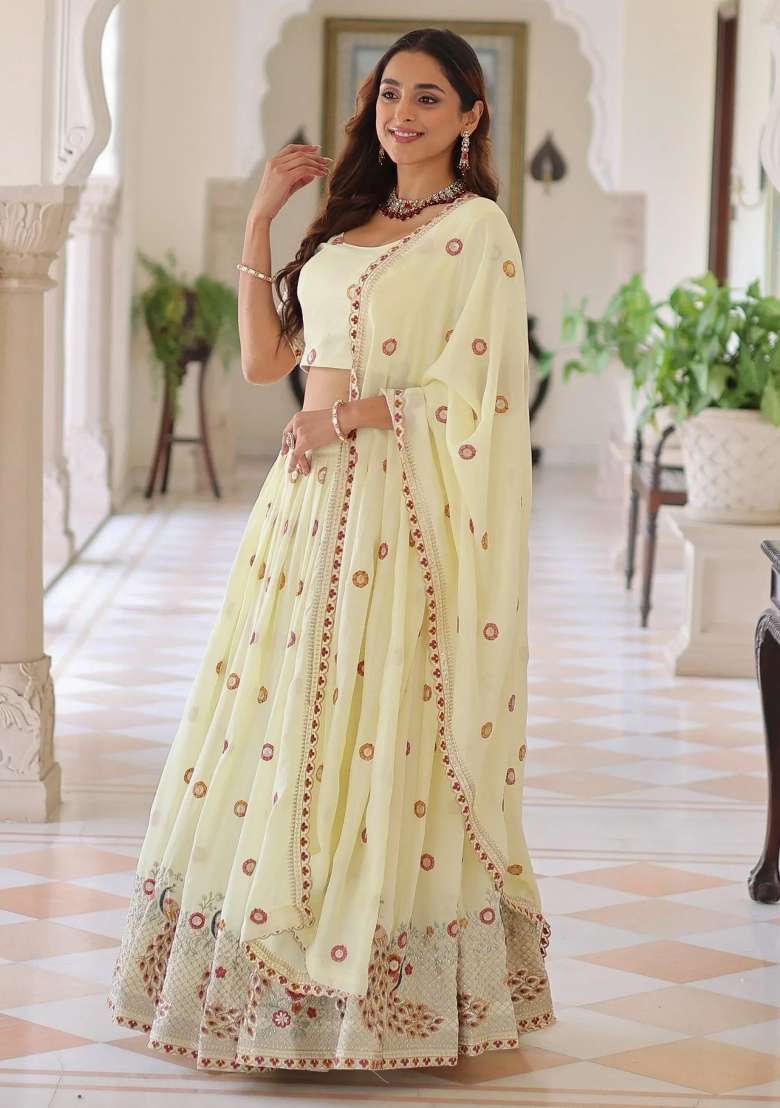 Cream Embroidered Silk Lehenga Set - Indya