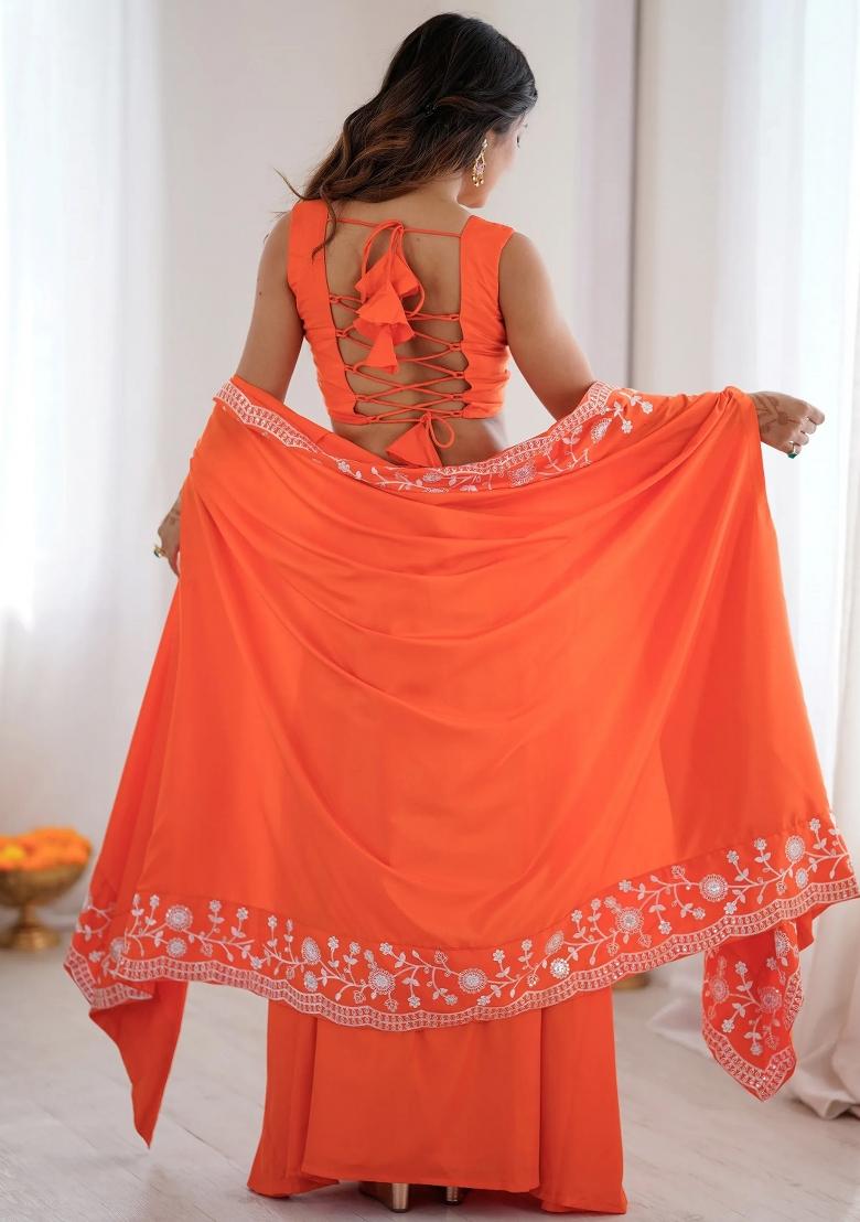Orange Embroidered Crepe Lehenga Set - Indya