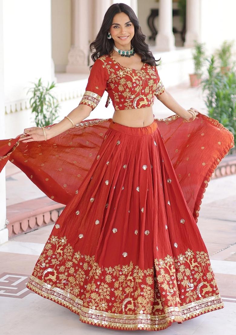Orange Embroidered Silk Lehenga Set - Indya