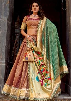 Brown Zari Work Silk Lehenga Set