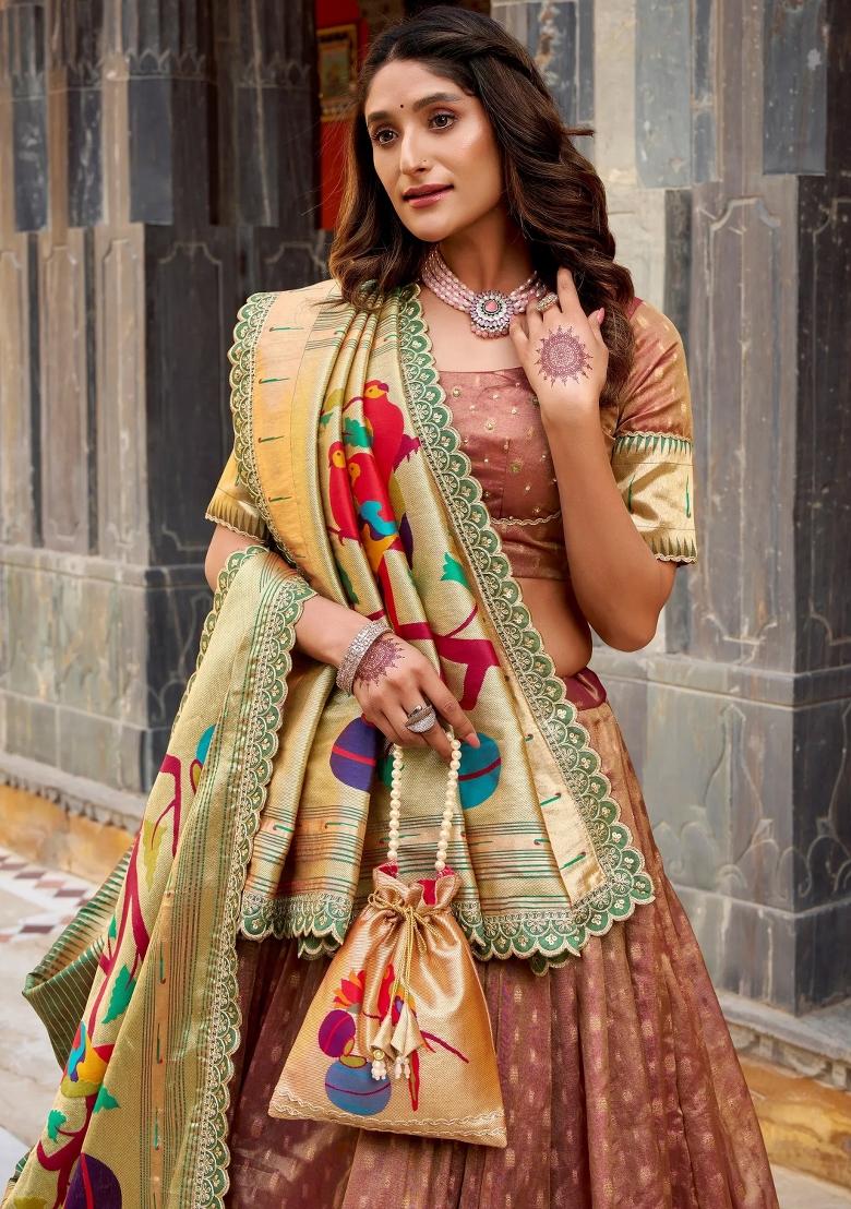 Brown Zari Work Silk Lehenga Set - Indya
