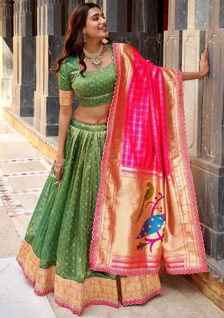 Green Zari Work Silk Lehenga Set - Indya