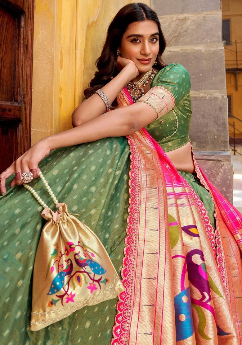 Green Zari Work Silk Lehenga Set - Indya