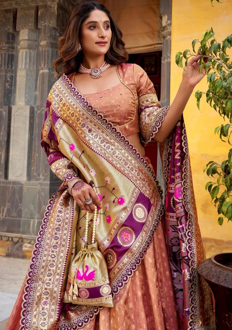Peach Zari Work Silk Lehenga Set - Indya