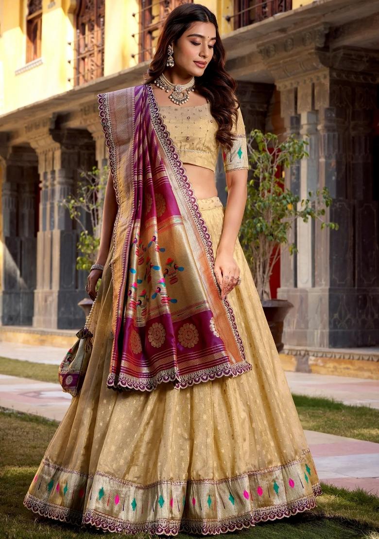 Beige Zari Work Organza Lehenga Set - Indya