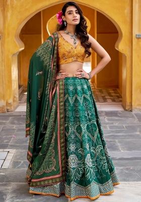 Green Printed Silk Lehenga Set