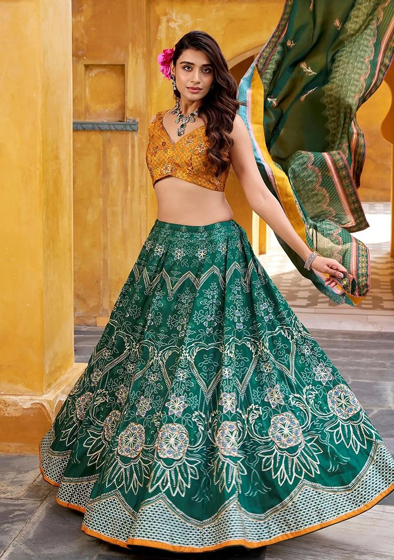 Green Printed Silk Lehenga Set - Indya