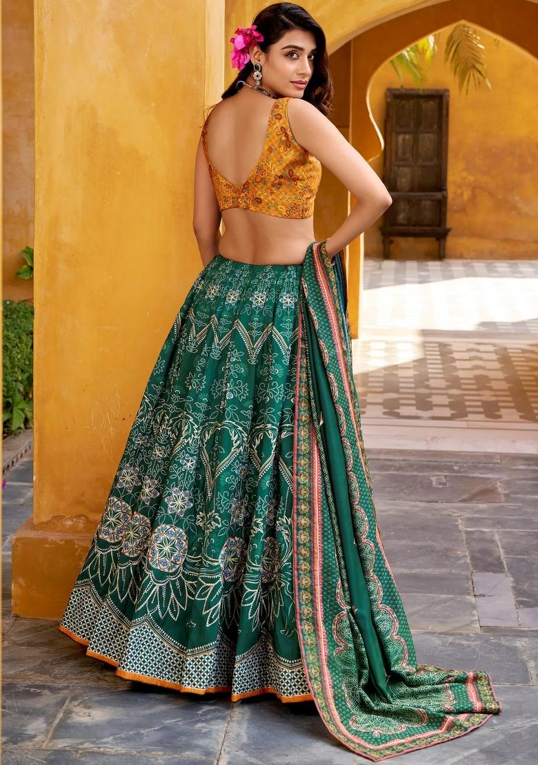 Green Printed Silk Lehenga Set - Indya