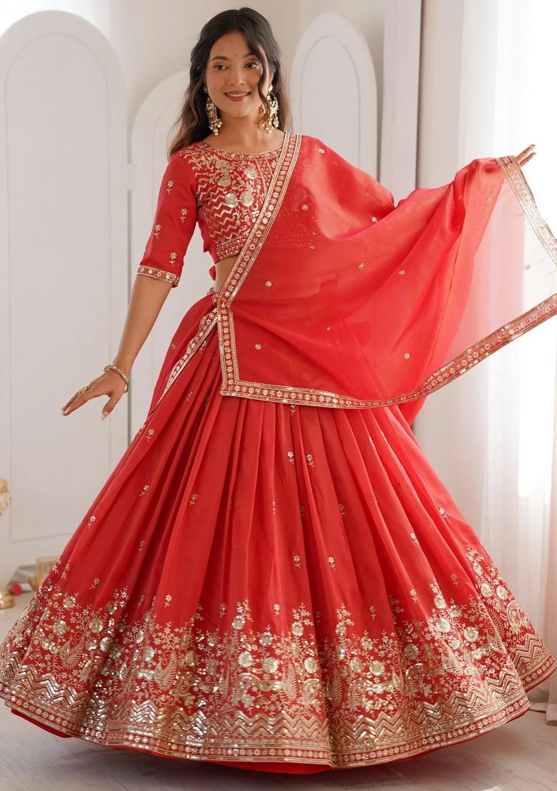 Orange Embroidered Silk Lehenga Set - Indya