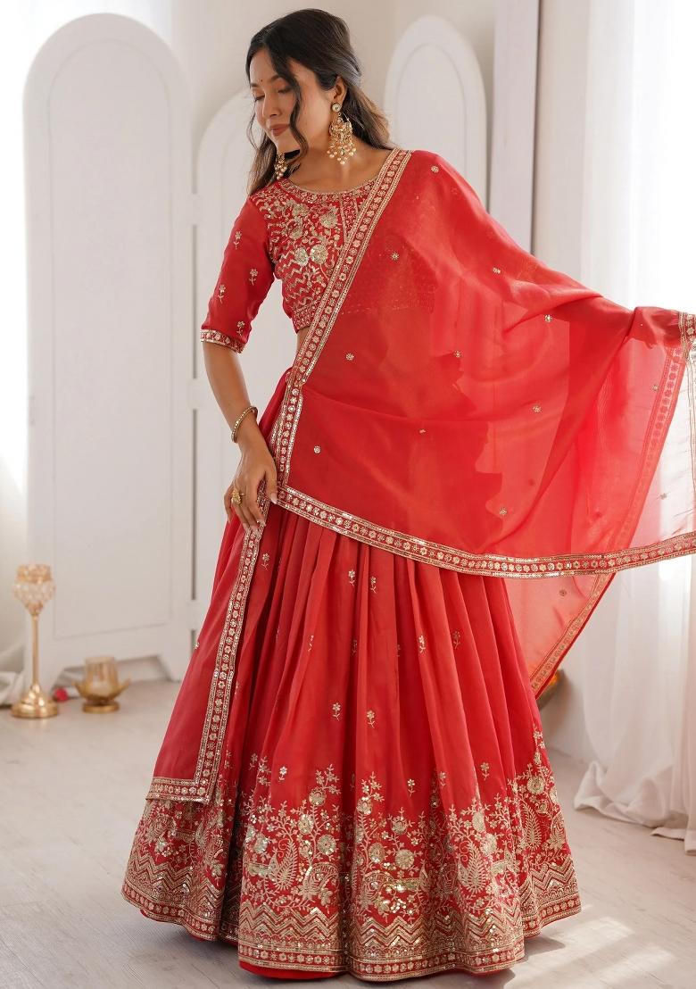 Orange Embroidered Silk Lehenga Set - Indya