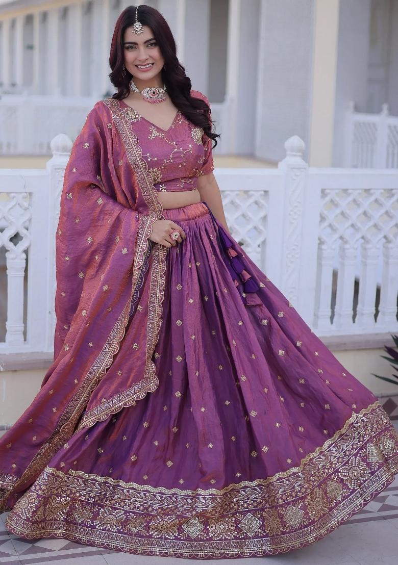 Pink Zari Work Silk Lehenga Set - Indya