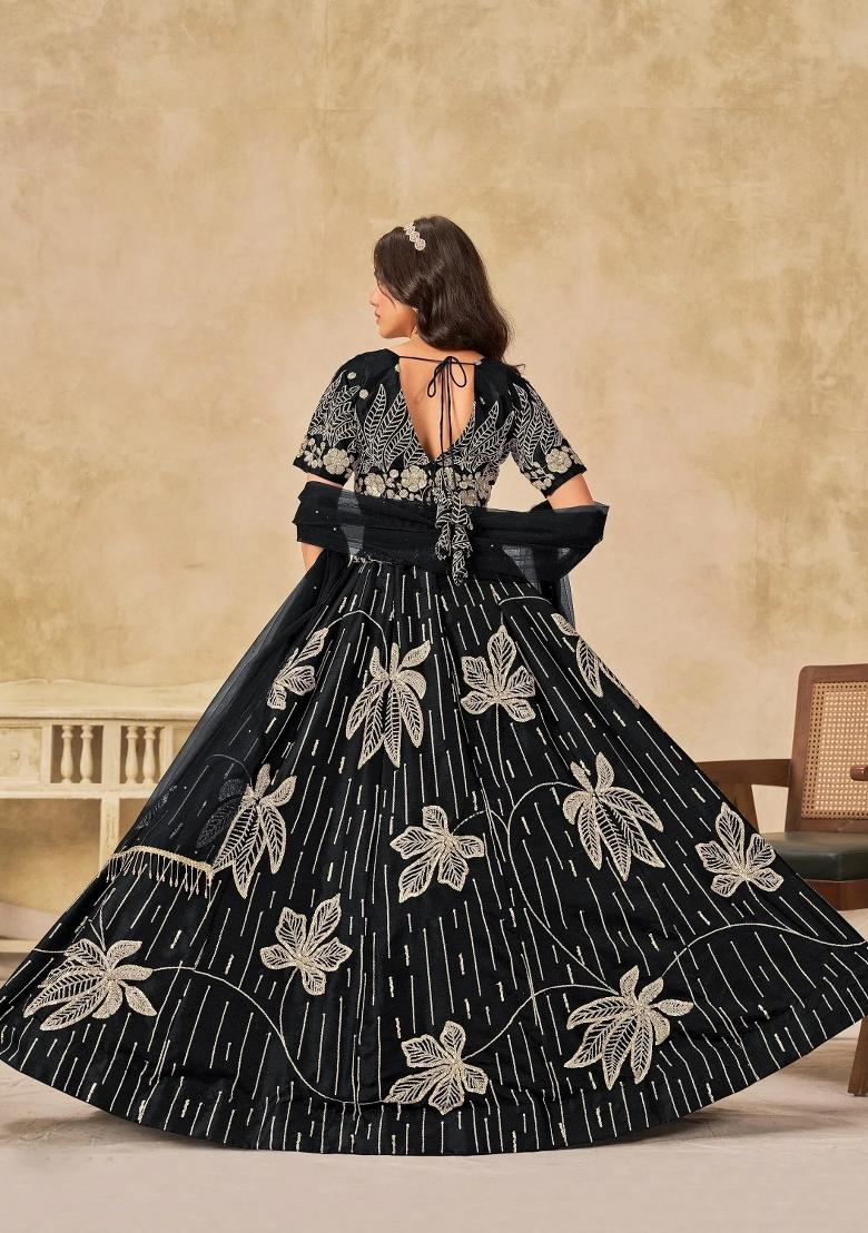 Black Embroidered Silk Lehenga Set - Indya