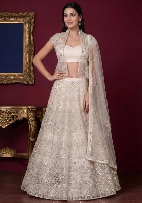 Off White Embroidered Net Lehenga Set