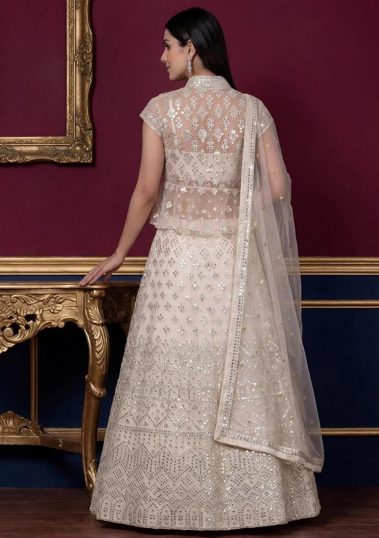 Off White Embroidered Net Lehenga Set - Indya