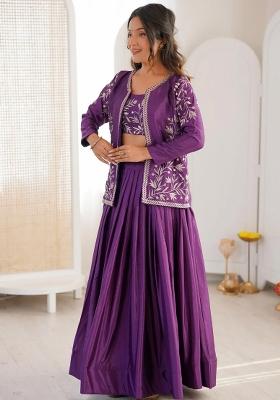 Purple Embroidered Silk Lehenga Set