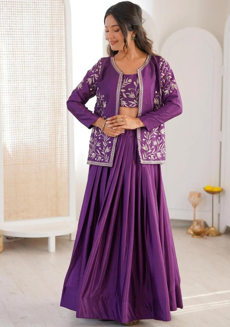 Purple Embroidered Silk Lehenga Set - Indya