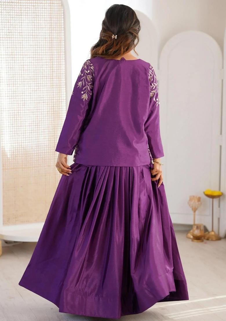 Purple Embroidered Silk Lehenga Set - Indya