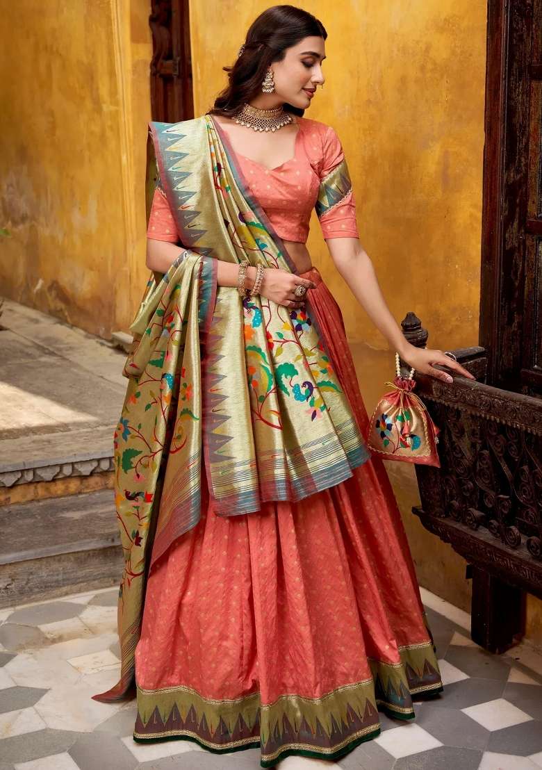 Peach Zari Work Silk Lehenga Set - Indya