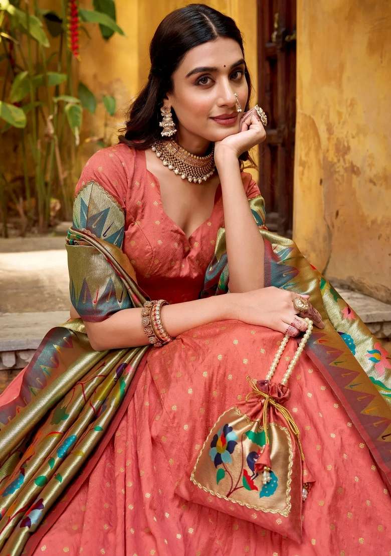 Peach Zari Work Silk Lehenga Set - Indya