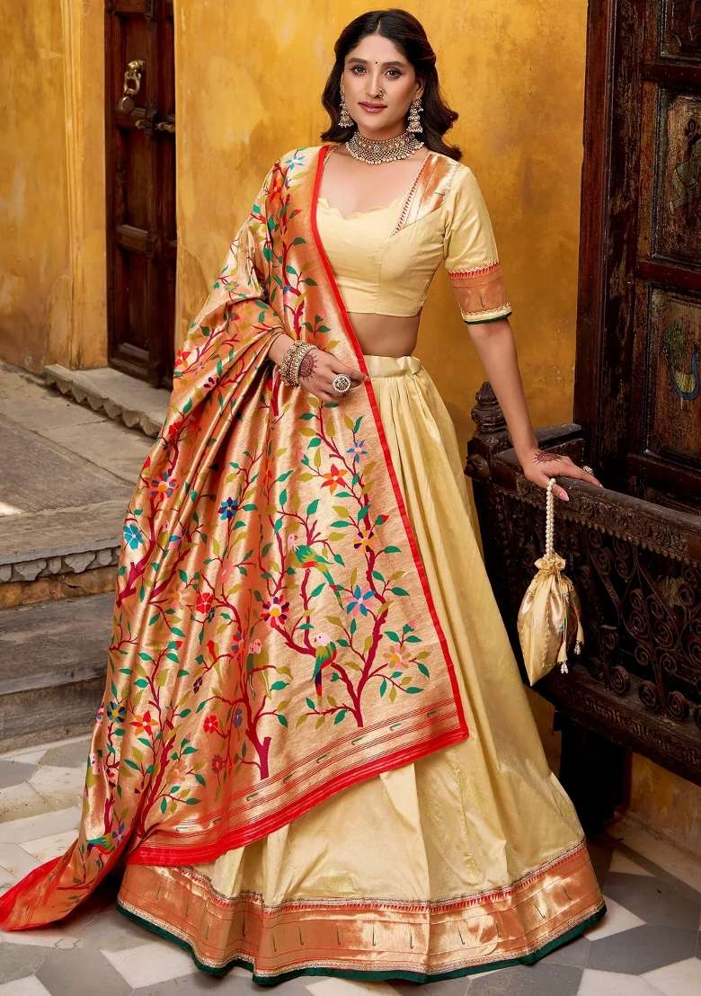 Cream Zari Work Silk Lehenga Set - Indya