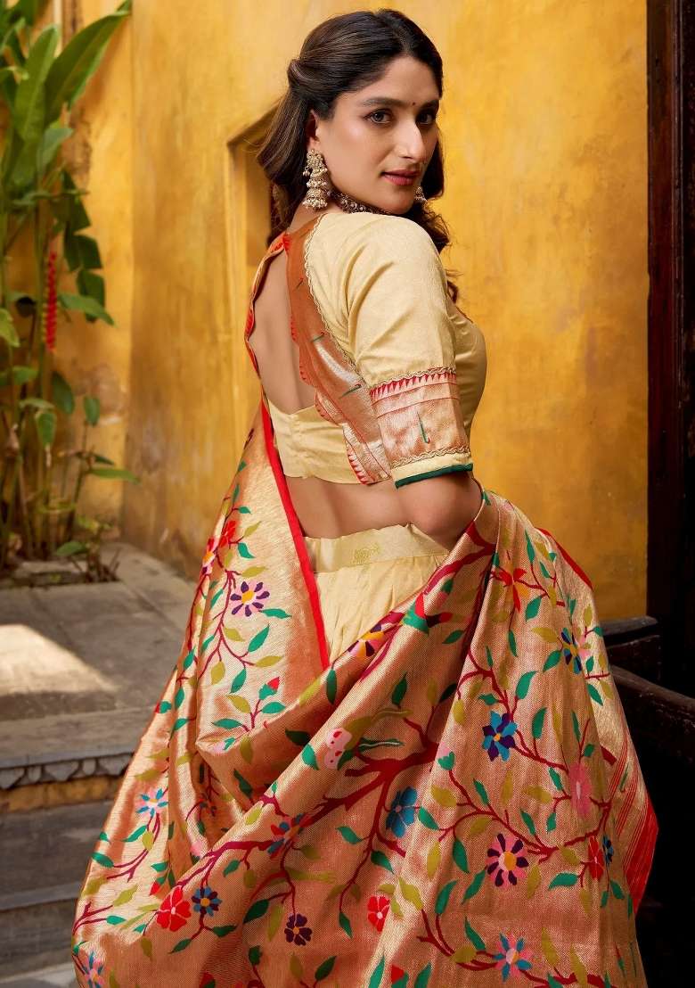 Cream Zari Work Silk Lehenga Set - Indya