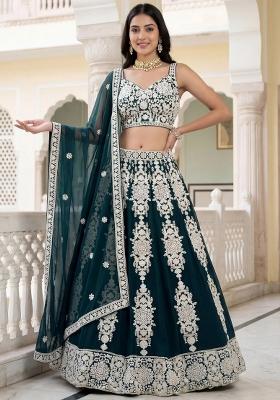 Green Embroidered Georgette Lehenga Set