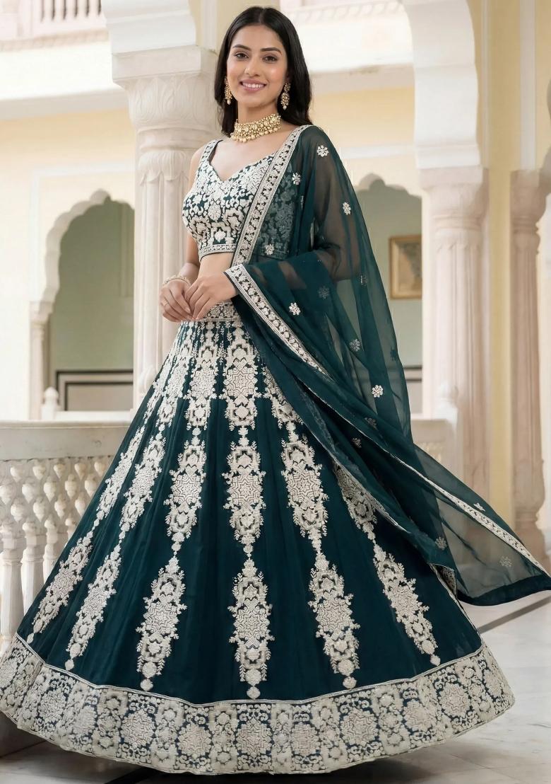 Green Embroidered Georgette Lehenga Set - Indya