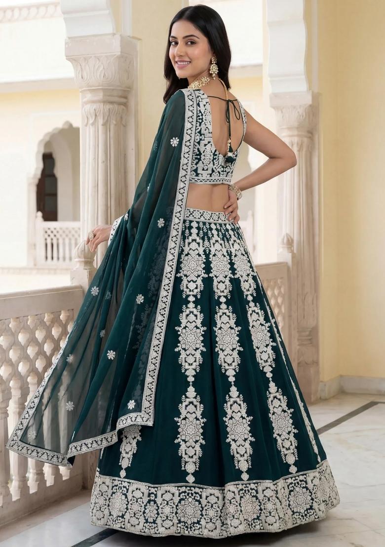 Green Embroidered Georgette Lehenga Set - Indya