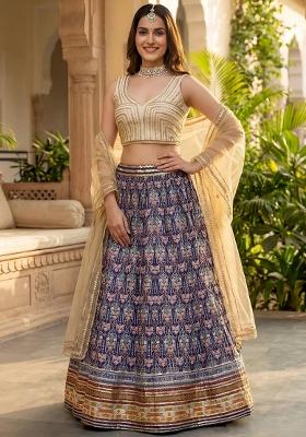 Blue Printed Silk Lehenga Set