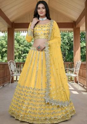 Yellow Foil Work Net Lehenga Set