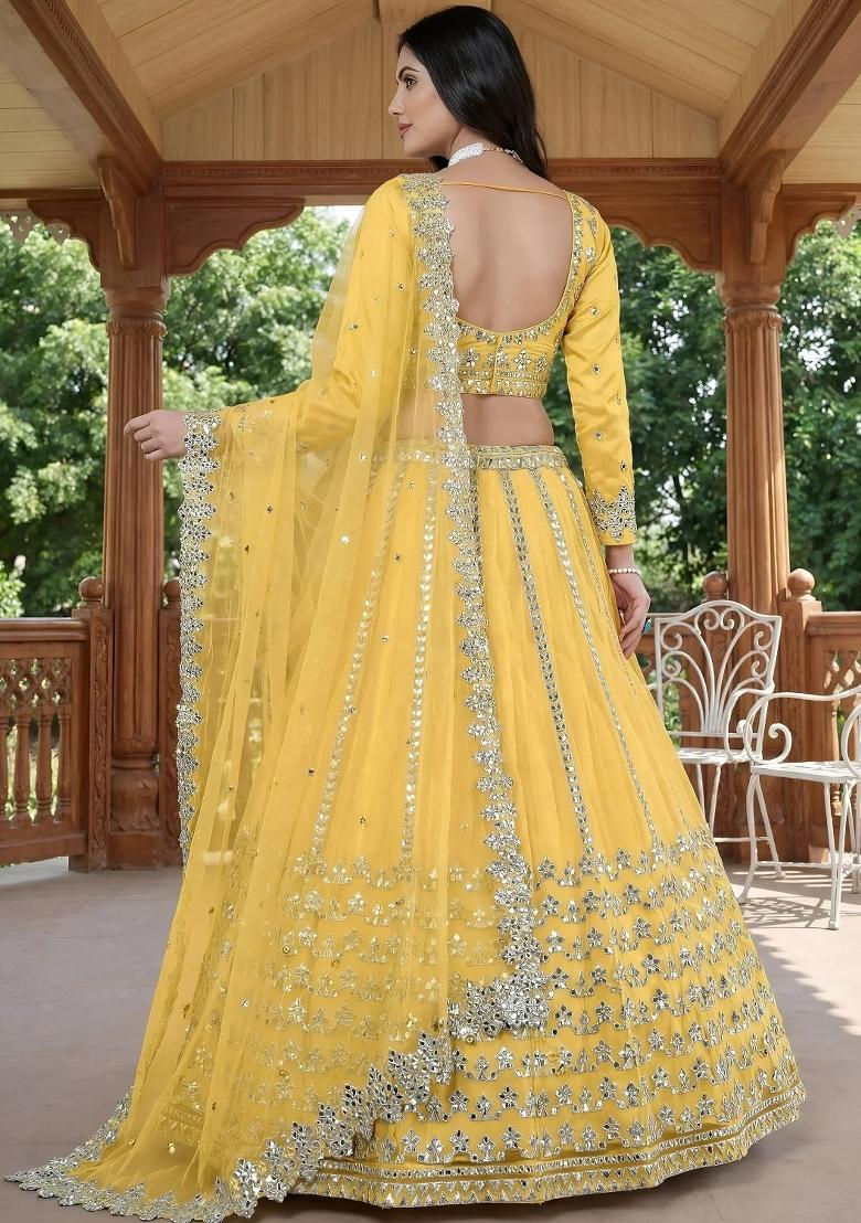 Yellow Foil Work Net Lehenga Set - Indya