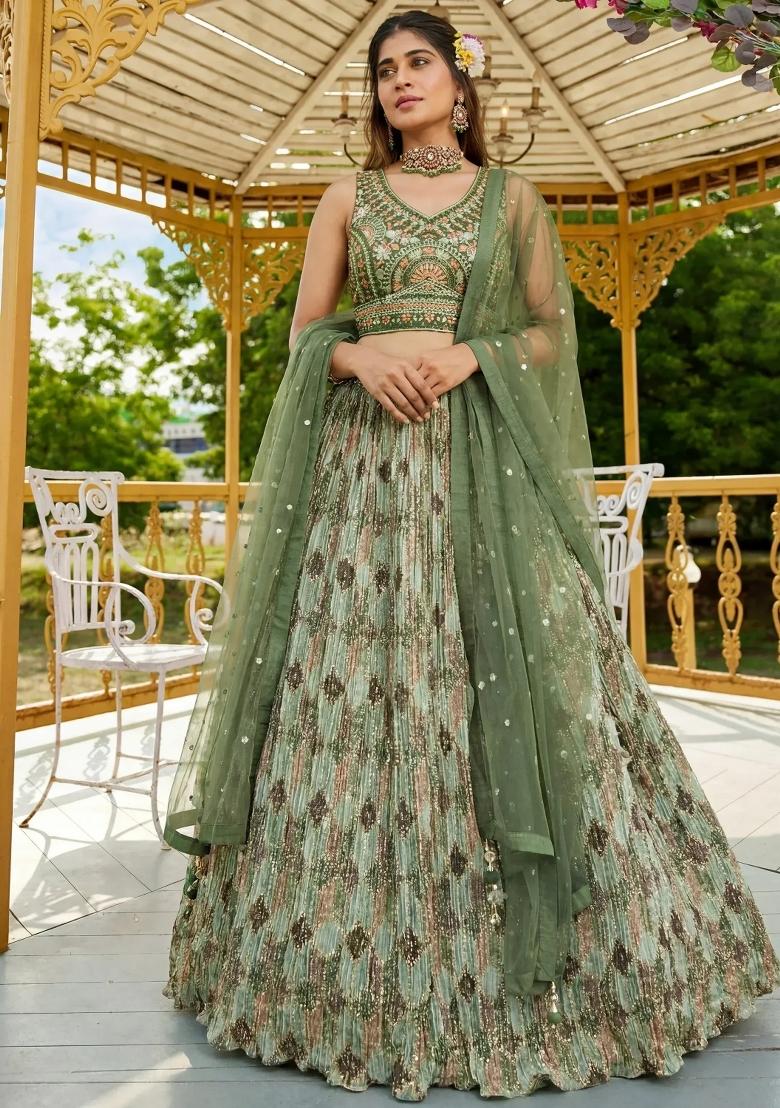 Green Embroidered Chinon Lehenga Set - Indya