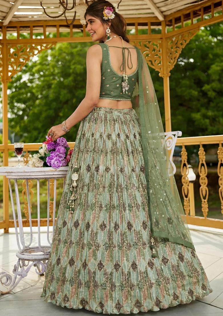 Green Embroidered Chinon Lehenga Set - Indya