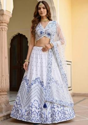 White Embroidered Satin Lehenga Set