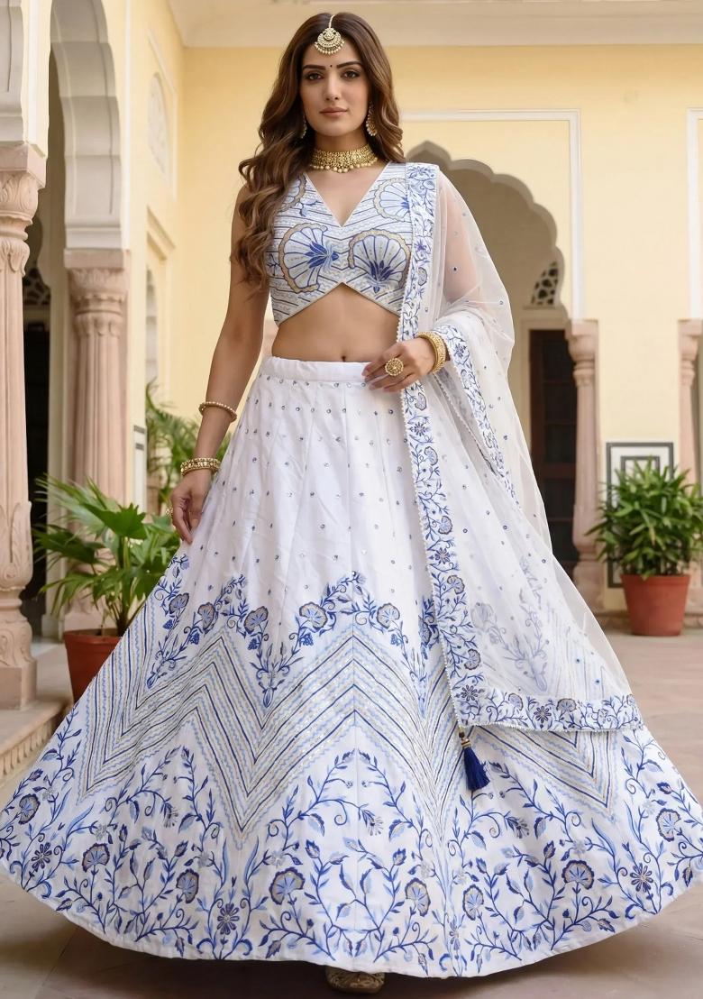 White Embroidered Satin Lehenga Set - Indya